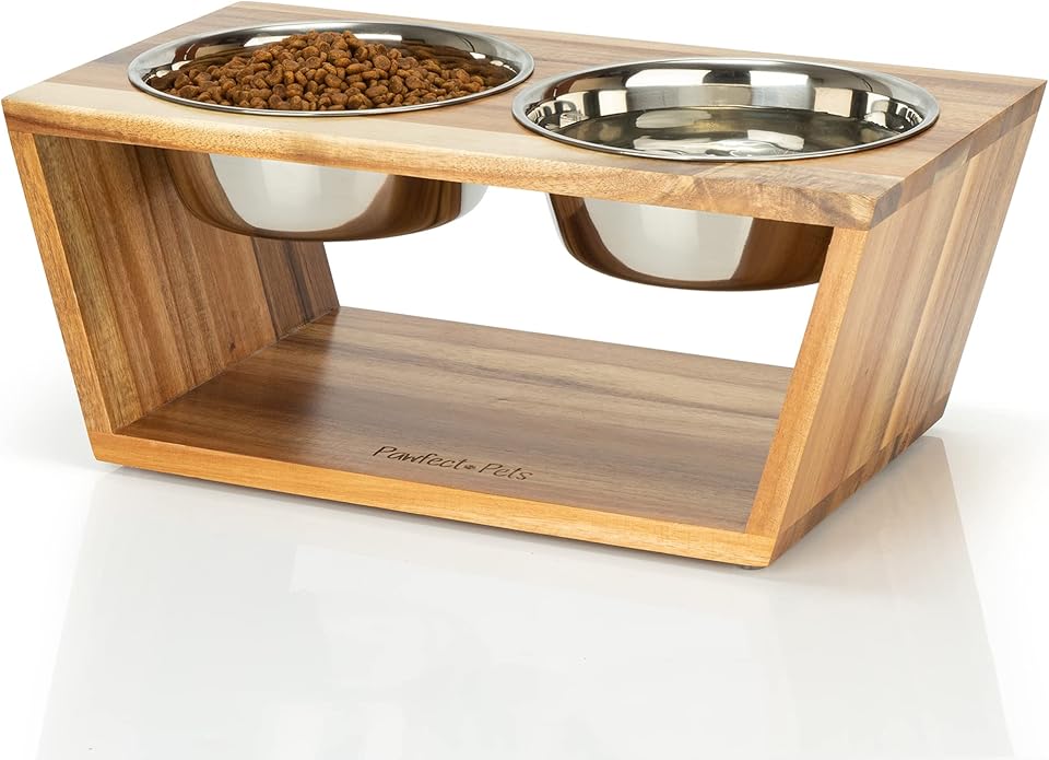 Pawfect Pets Elevated Dog Bowl Stand- 7" Raised Dog Bowl for Medium Dogs. Pet Feeder with  Four Stainless Steel Bowls.