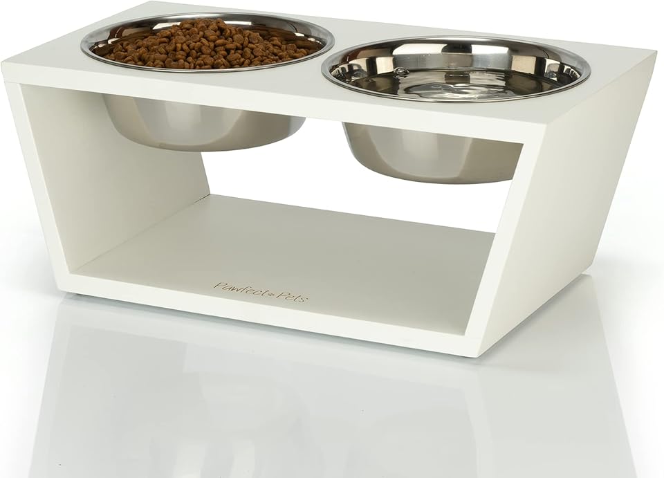 Pawfect Pets Elevated Dog Bowl Stand- 7" Raised Dog Bowl for Medium Dogs. Pet Feeder with  Four Stainless Steel Bowls.